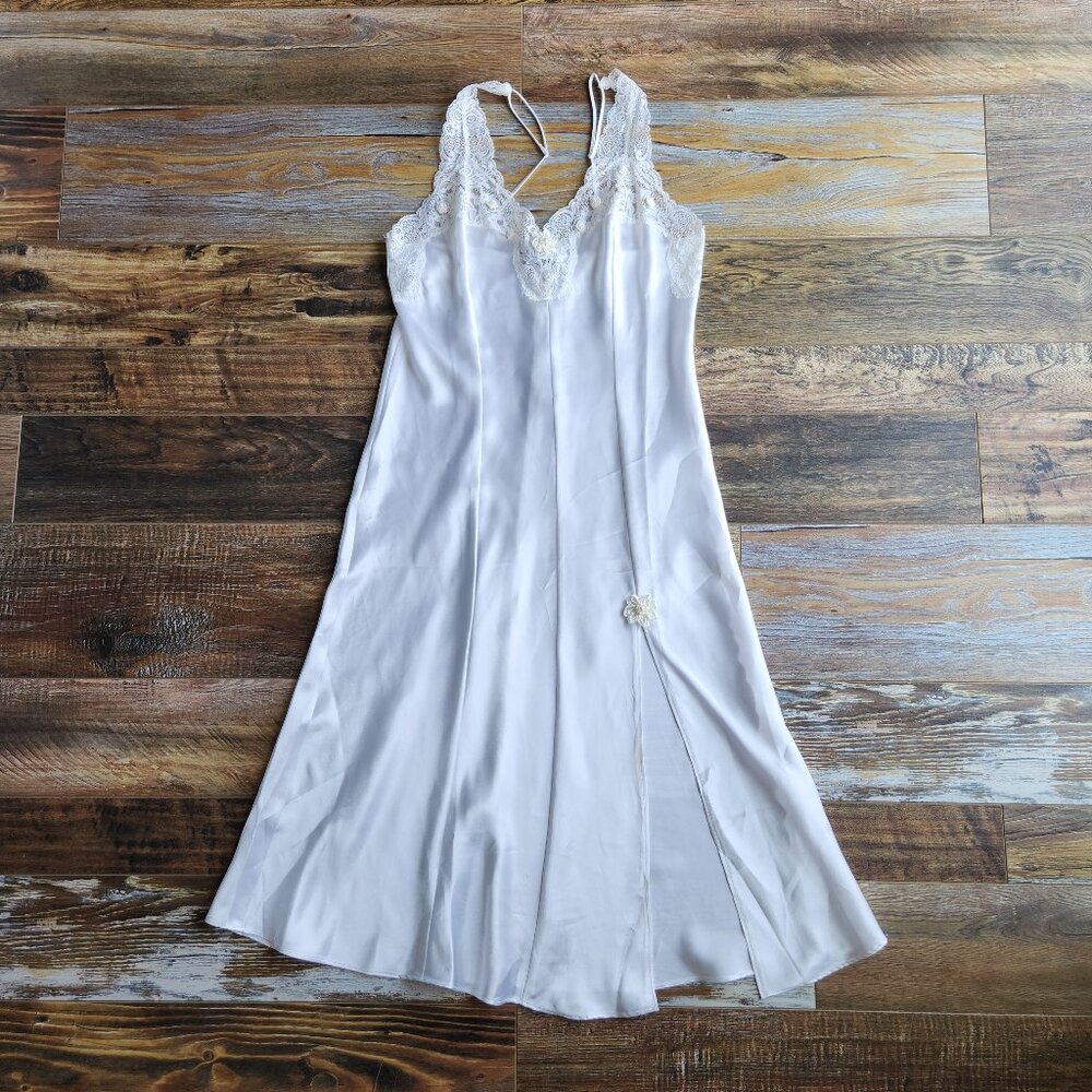 Vintage Jolynn Lace Beaded Satin Bridal Midi Slip Dress Nightwear White